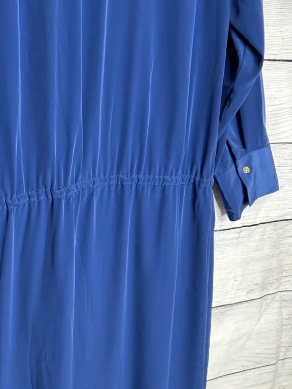 Chico’s Black Label Blue Satin Maxi Dress M Long Sleeve Drawstring Button Front - Picture 6 of 11